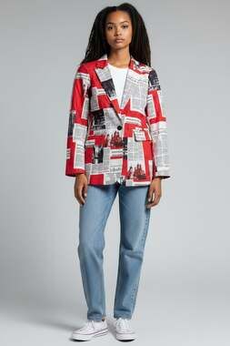 Women's Red and White Newspaper Print Long Sleeve Single Breasted Blazer